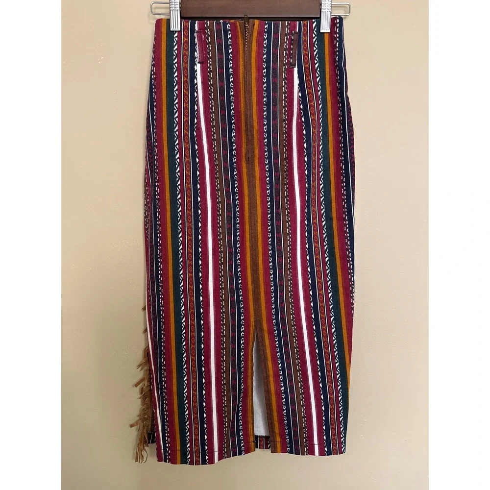 Vintage South western wrap stripe Maxi Skirt Fringe back Slit sz3 Boho  Cowgirl